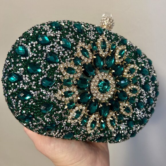 Ramla Bejeweled Crystal Evening Bag Emerald Green Chain Strap Top Handle Formal - Picture 13 of 14